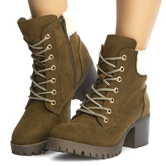 BAMBOO Shoes - Bamboo Sherpa Cuffed Mucker Combat Ankle Boots | Faux Suede Lace-Up Booties
